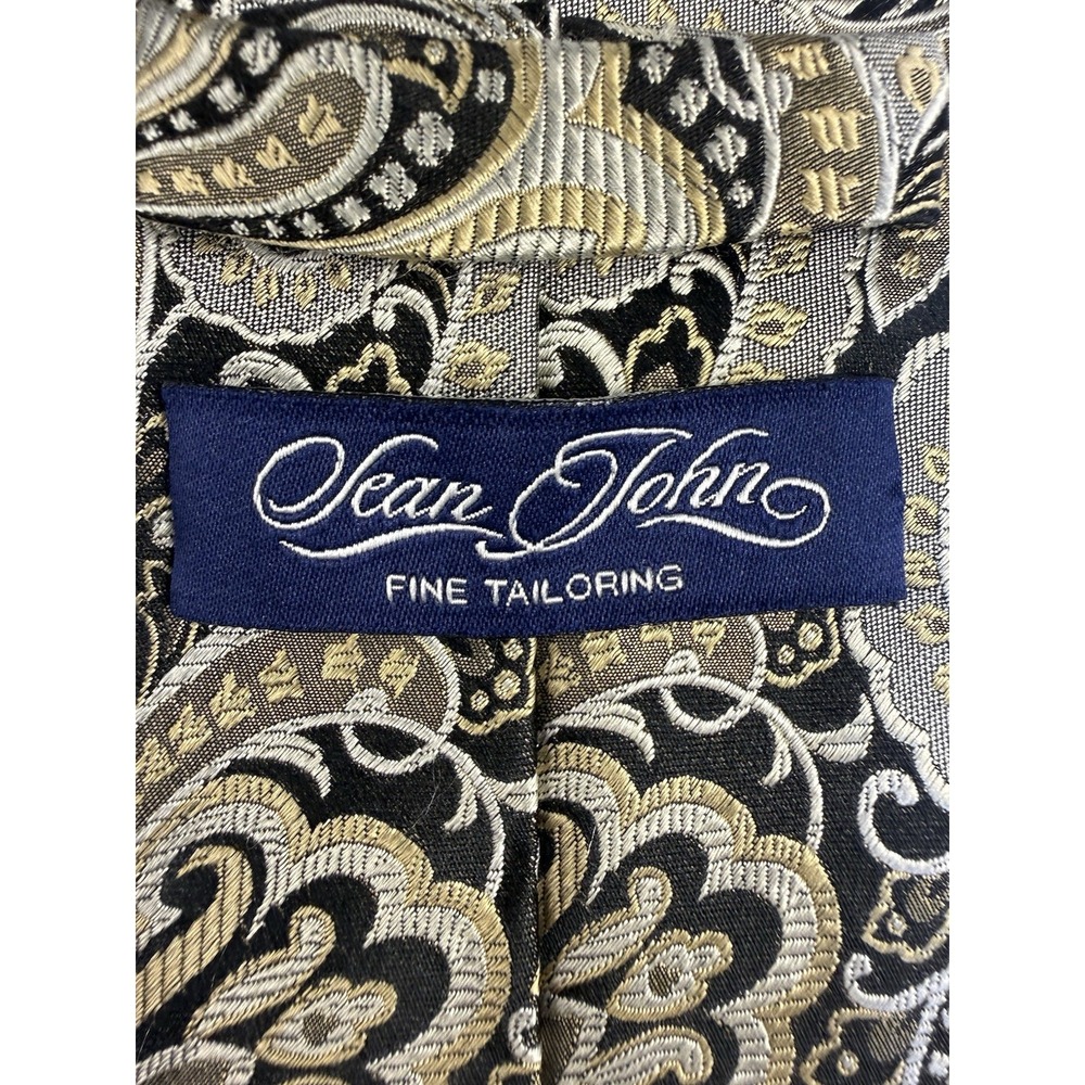 SEAN JOHN Silk Tie Black Gold Jacquard Paisley Designer Mens Necktie - Picture 4 of 6
